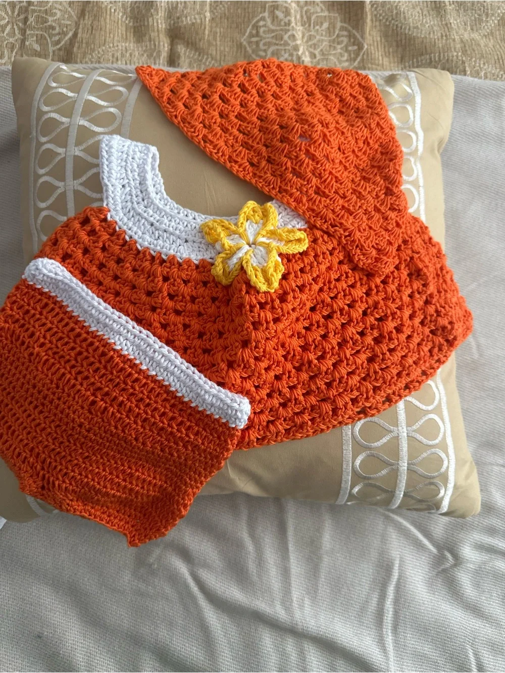 Handmade Orange Crochet Kids Matching Hat & Diaper Cover Set with White Trim